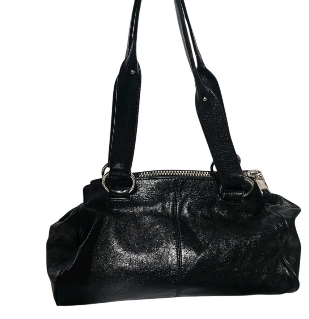 HOBO Black Genuine Leather Shoulder Bag Purse Multi Compartment Glossy